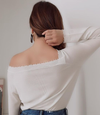 Off-shoulder distressed neck edge 100%merino pullover | Ivory