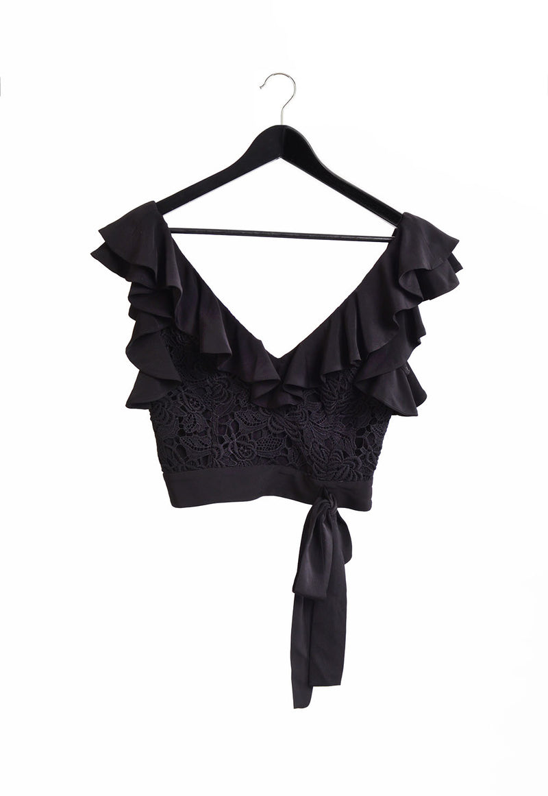 Romantic ruffle V-neck Lace Top with tie | Black